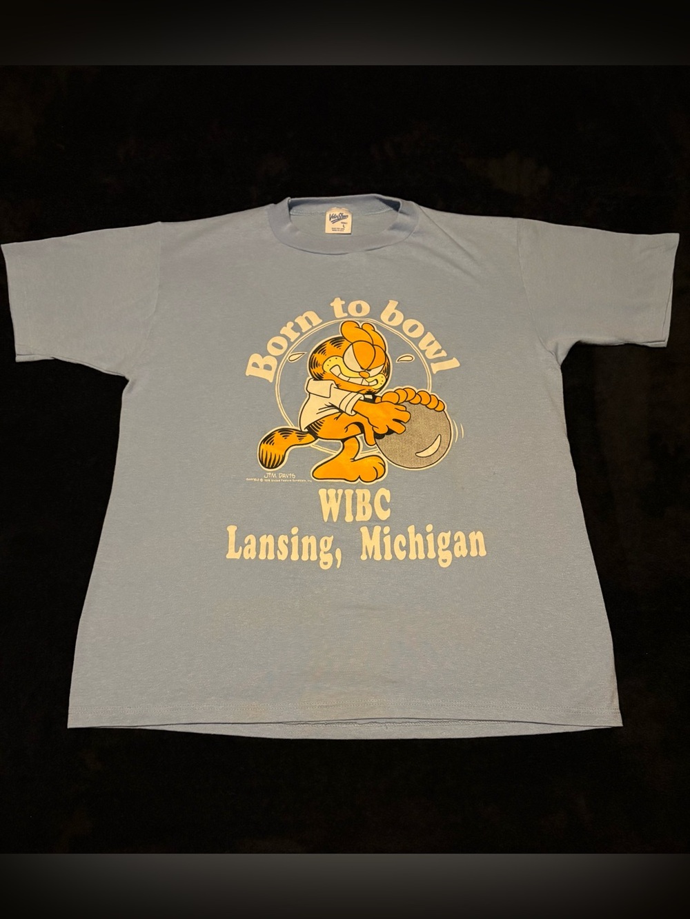 Garfield Velva Sheen vintage 80s Born to Bowl Lansing Michigan tee L 26x21